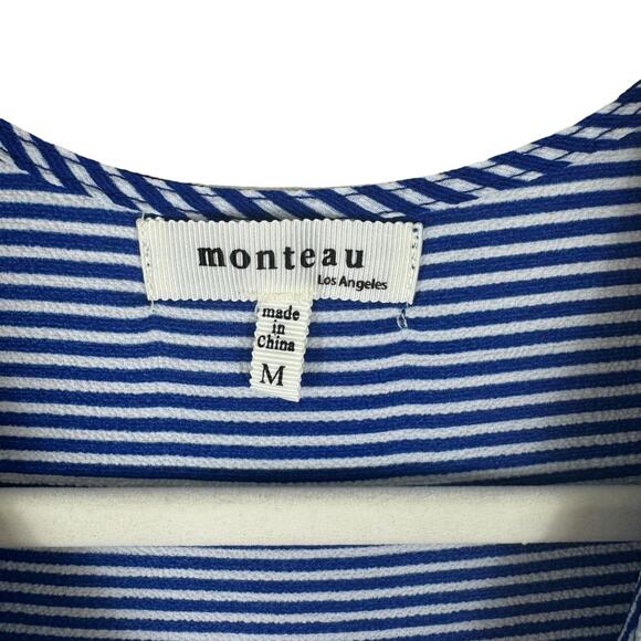 Monteau Blue White Striped Ruffled Tie Front V-Neck Lightweight Blouse Size M - Picture 6 of 7